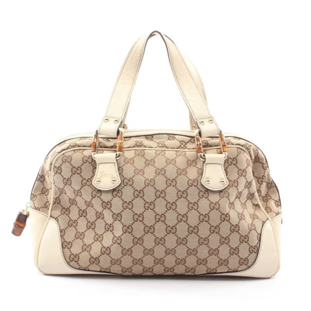 Gucci Bamboo GG Canvas Tote Bag Leather Beige Cream Ivory White